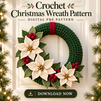 Crochet Christmas Wreath Pattern PDF – Poinsettia & Berry Wreath
