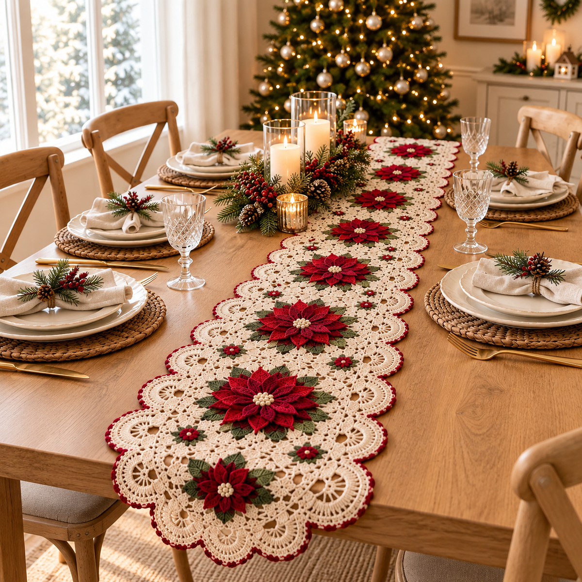 Christmas Poinsettia Crochet Table Runner Pattern – Holiday Lace Decor PDF