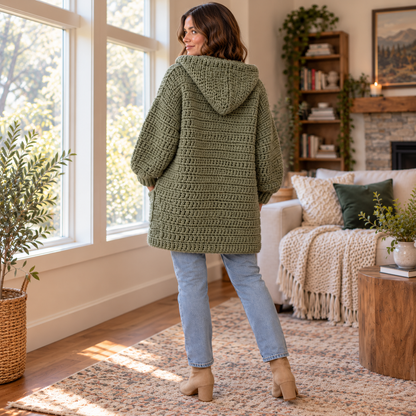 Chunky Crochet Cardigan Pattern PDF, Oversized Hooded Jacket, Balloon Sleeve Sweater