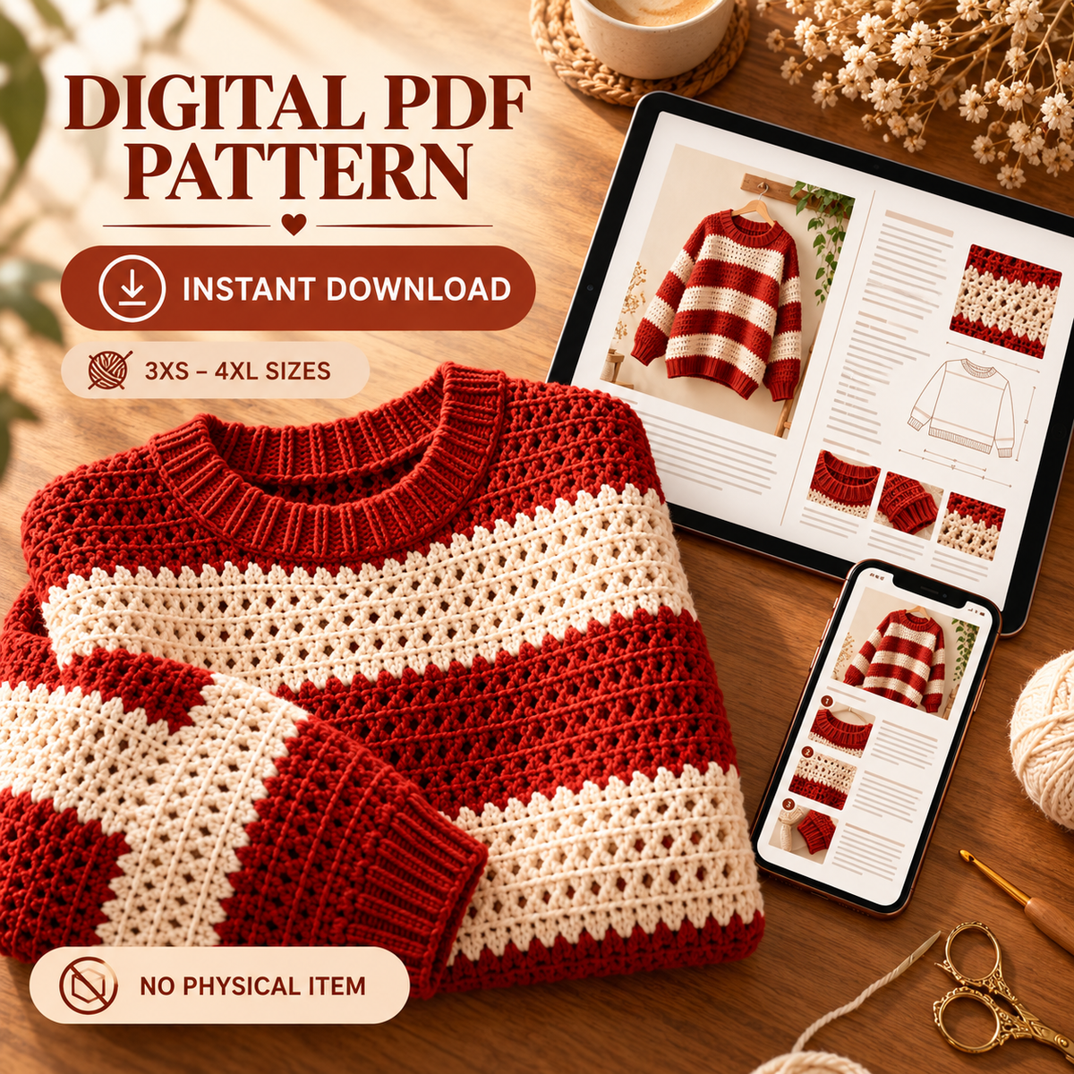 Oversized Striped Crochet Sweater Pattern PDF – Chunky Pullover 3XS–4XL
