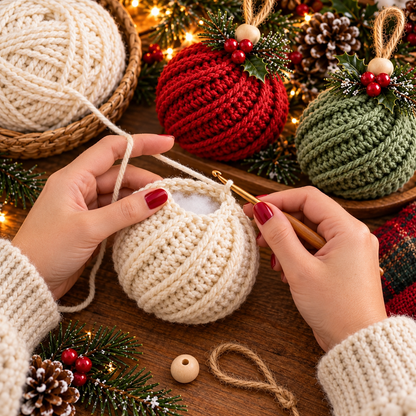 Crochet Christmas Ornament Pattern PDF, Twisted Rib Bauble, Wooden Bead & Linen Bow