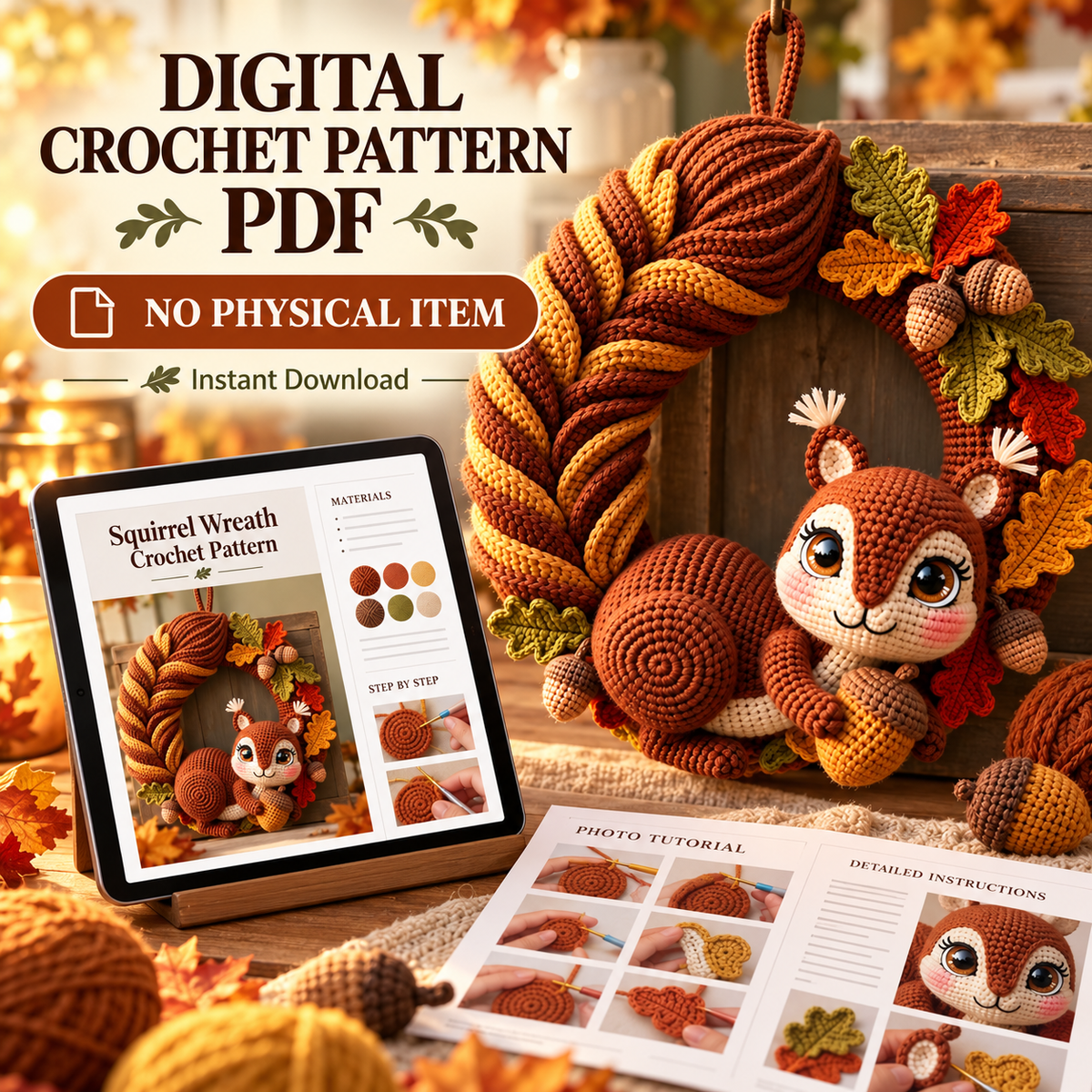 Squirrel Wreath Crochet Pattern PDF – Woodland Fall Wreath with Acorns