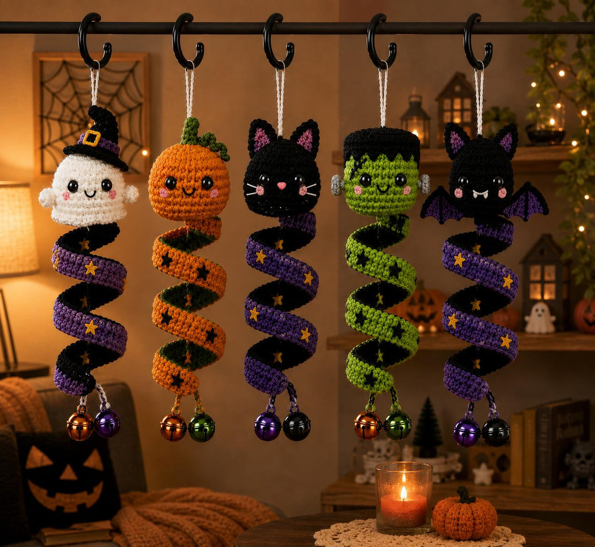 Halloween Wind Spinner Crochet Pattern Bundle PDF – 5 Spooky Amigurumi Hanging Ornaments, Ghost Pumpkin Cat Frankenstein Bat, Digital Download