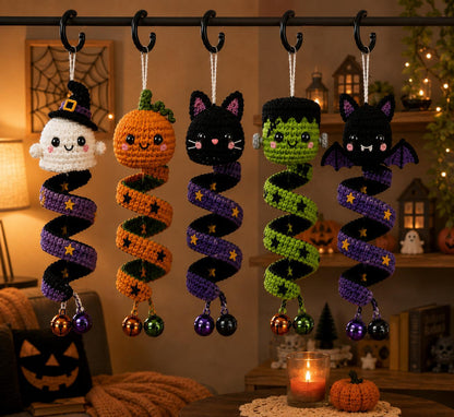 Halloween Wind Spinner Crochet Pattern Bundle PDF – 5 Spooky Amigurumi Hanging Ornaments, Ghost Pumpkin Cat Frankenstein Bat, Digital Download