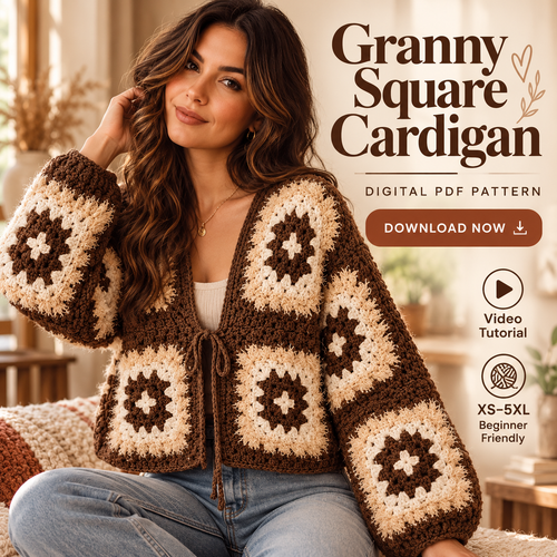 Fuzzy Granny Square Cardigan Crochet Pattern PDF – Cropped Sweater XS–5XL