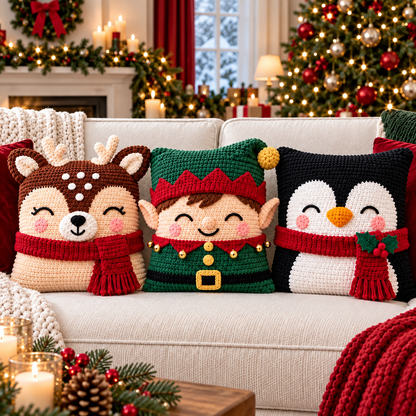 6 Christmas Crochet Pillow Patterns PDF Bundle – Santa, Snowman & Reindeer