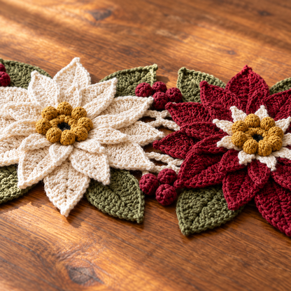 Poinsettia Table Runner Crochet Pattern – Christmas Floral Centerpiece PDF