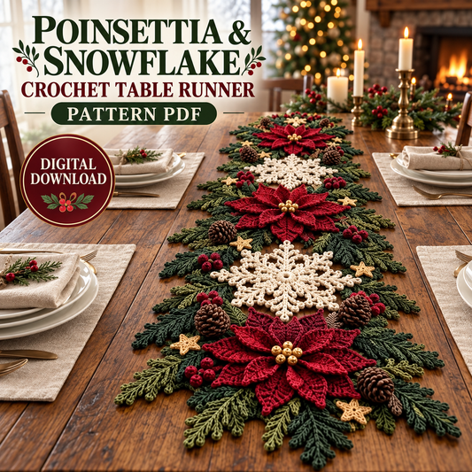 Poinsettia Snowflake Table Runner Crochet Pattern – Christmas Decor PDF