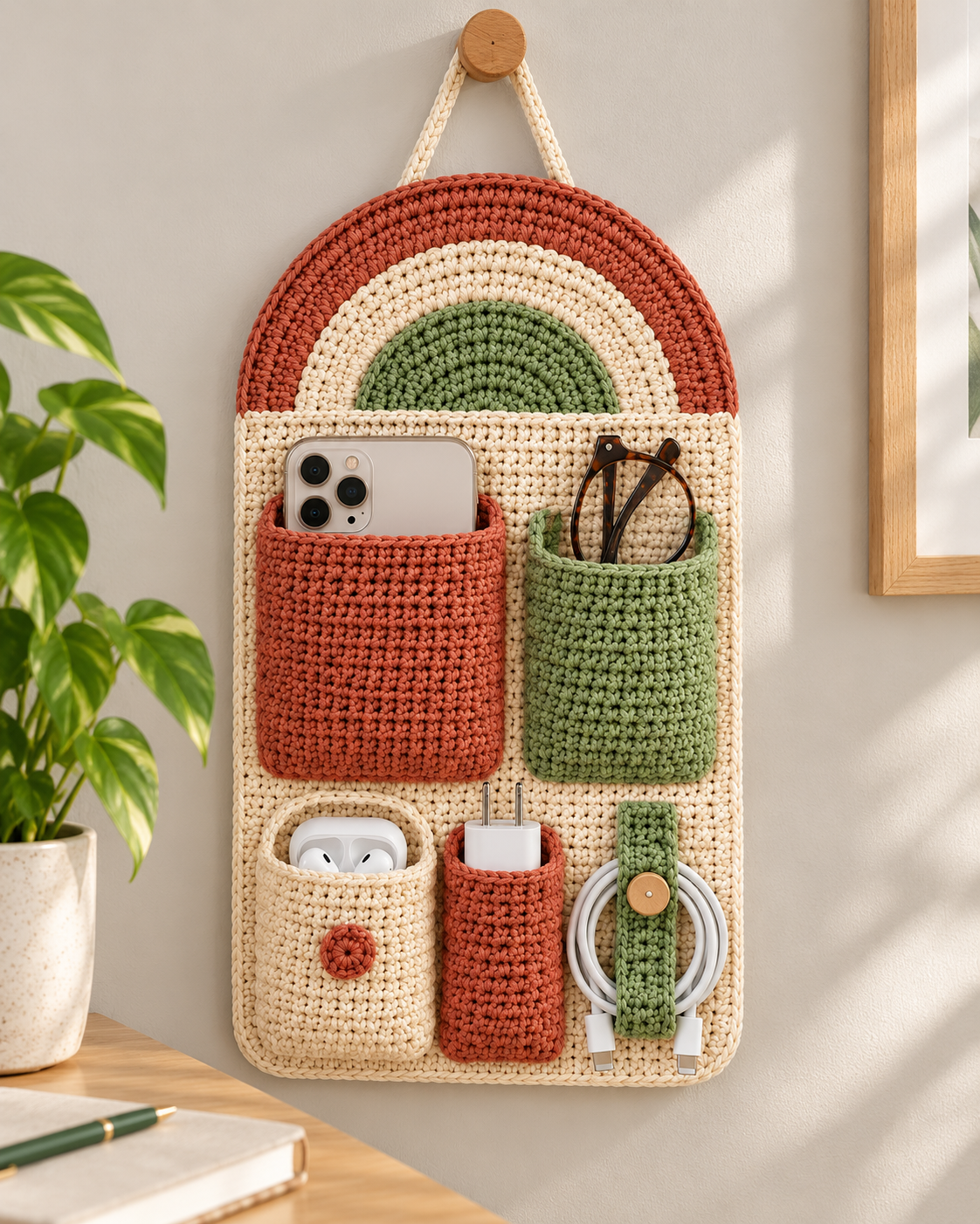 Crochet Wall Organizer Pattern PDF – 5 Pocket Bedside Storage