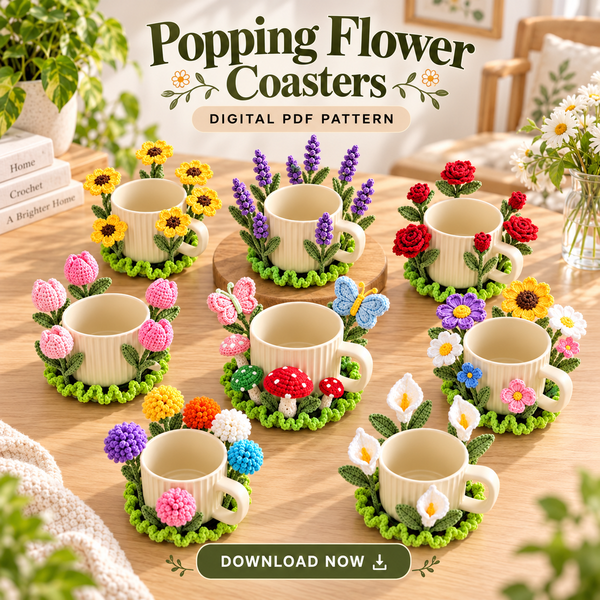 Popping Flower Coasters Crochet Pattern PDF – Sunflower & Rose