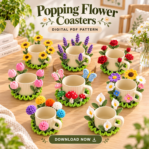 Popping Flower Coasters Crochet Pattern PDF – Sunflower & Rose