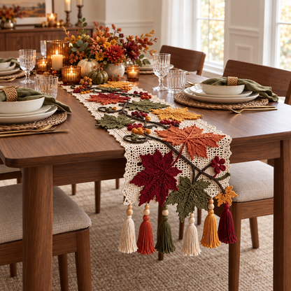 Autumn Maple Leaf Crochet Table Runner Pattern – Fall Thanksgiving Decor PDF