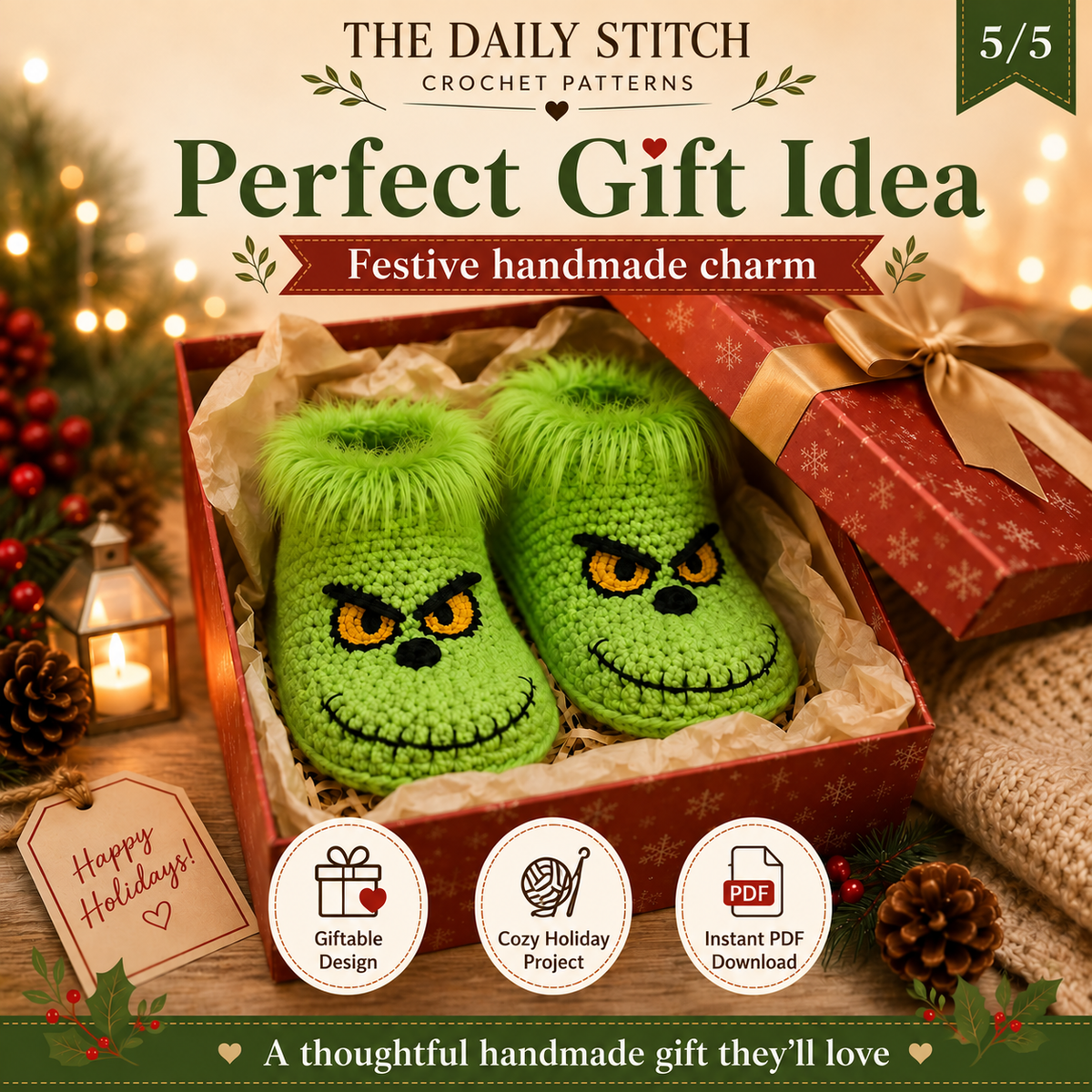 Green Christmas Slippers Crochet Pattern PDF – Cozy Holiday House Slippers