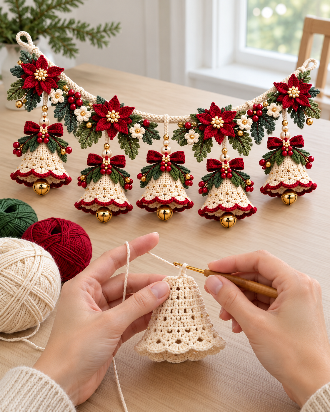 Christmas Bell Garland Crochet Pattern PDF – Poinsettia & Bows