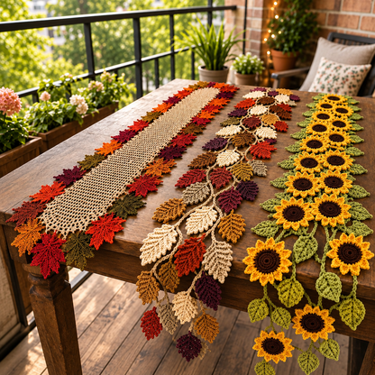 3-in-1 Crochet Table Runner Pattern Bundle PDF – Fall Leaves & Sunflowers