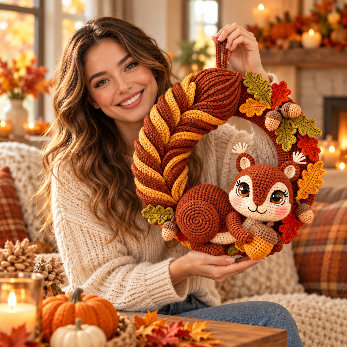 Squirrel Wreath Crochet Pattern PDF – Woodland Fall Wreath with Acorns