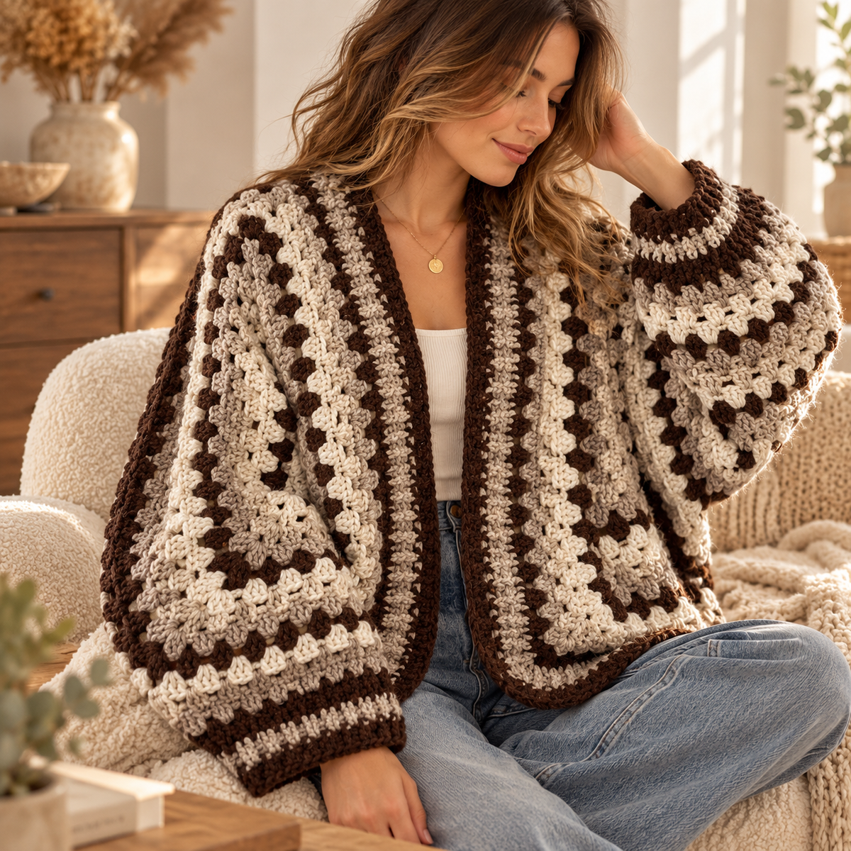Granny Hexagon Cardigan Crochet Pattern PDF – Bulky Yarn Sweater