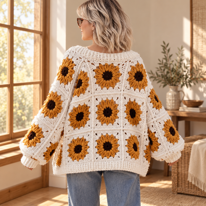 Sunflower Granny Square Crochet Cardigan Pattern PDF, Oversized Floral Sweater