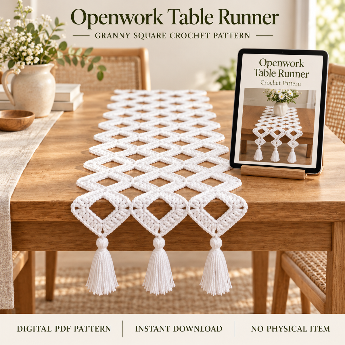 Crochet Table Runner Pattern PDF – Easy Granny Square, No-Sew Boho Decor