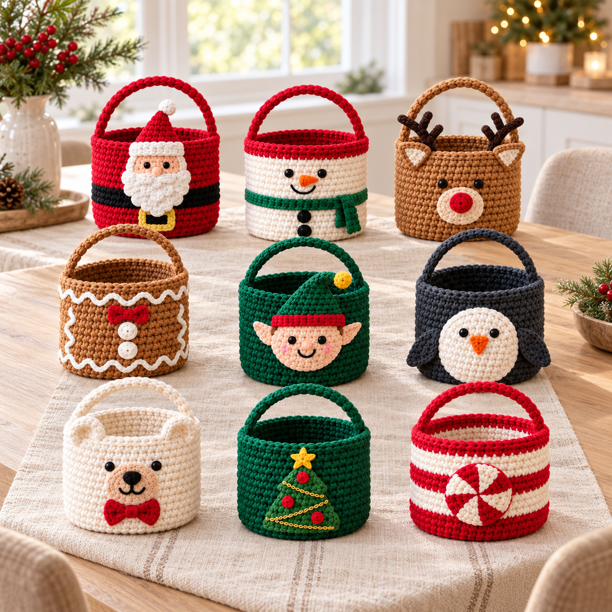 9 Christmas Crochet Basket Patterns PDF Bundle – Santa, Snowman & Reindeer
