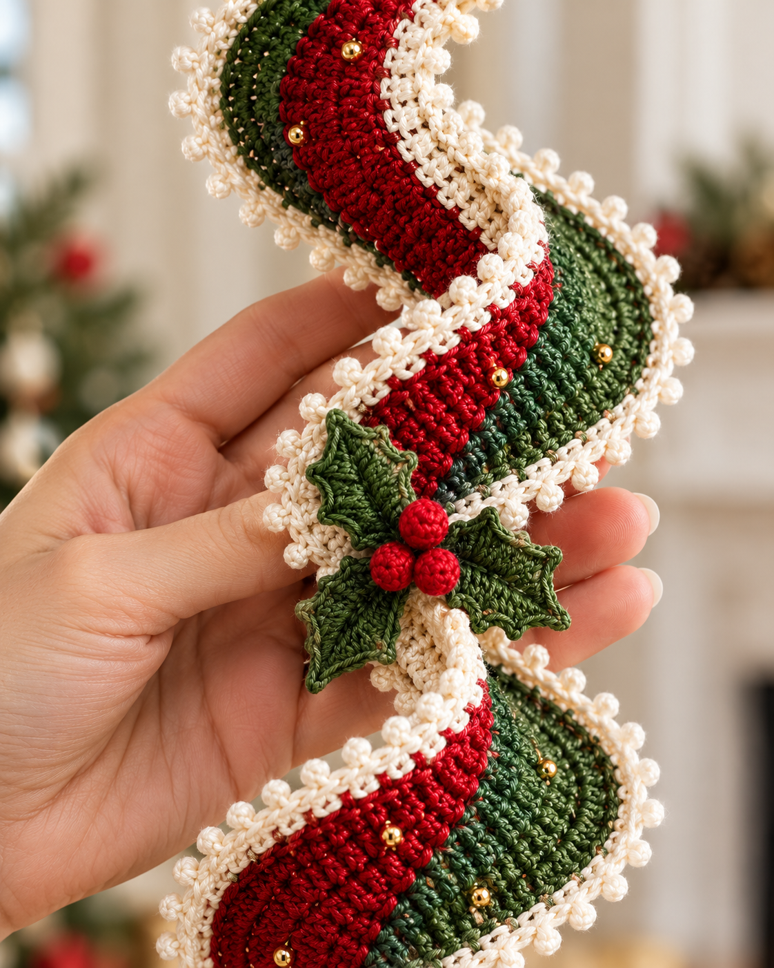 Christmas Crochet Spiral Wind Spinner Pattern PDF – Holly Ribbon Ornament