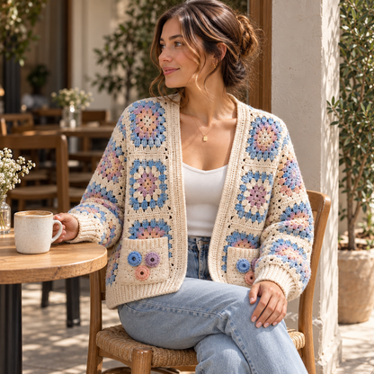 Floral Granny Square Cardigan Crochet Pattern PDF – Boho Flower Sweater