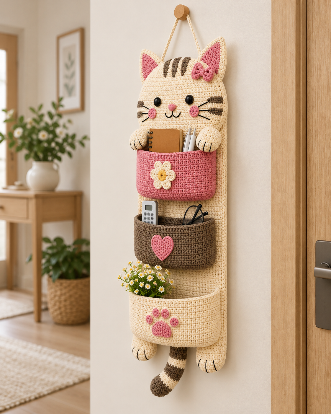 Crochet Cat Wall Organizer Pattern PDF – Kawaii Hanging Storage