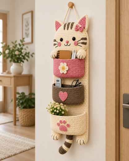 Crochet Cat Wall Organizer Pattern PDF – Kawaii Hanging Storage