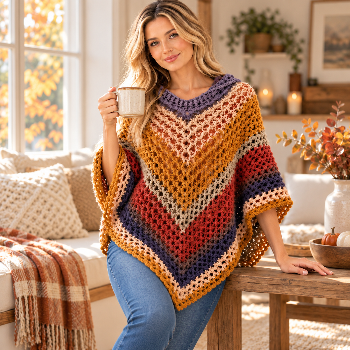 Autumn Leaves Crochet Hooded Poncho Pattern PDF – Colorful Fall Poncho