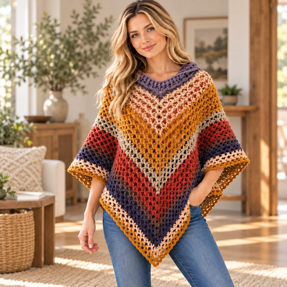 Autumn Leaves Crochet Hooded Poncho Pattern PDF – Colorful Fall Poncho