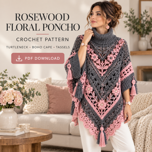 Rosewood Floral Crochet Poncho Pattern PDF – Boho Turtleneck Cape