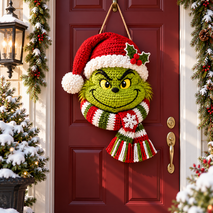 Grinch Crochet Pattern PDF – Christmas Door Wreath & Holiday Door Hanger