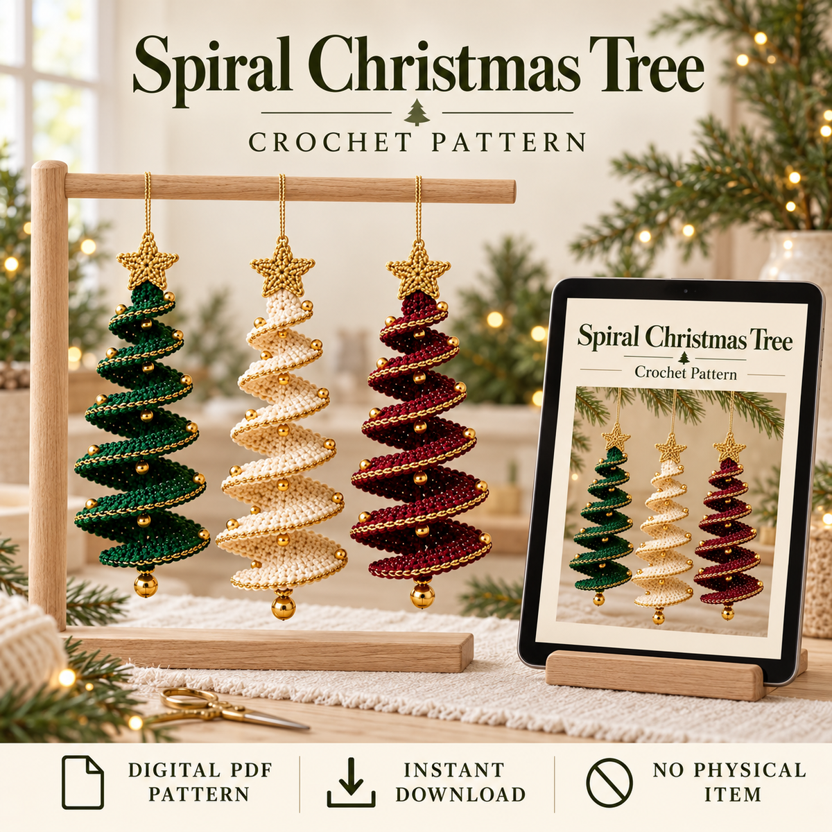 Spiral Christmas Tree Crochet Pattern PDF – Ribbon Ornament, 2 Sizes