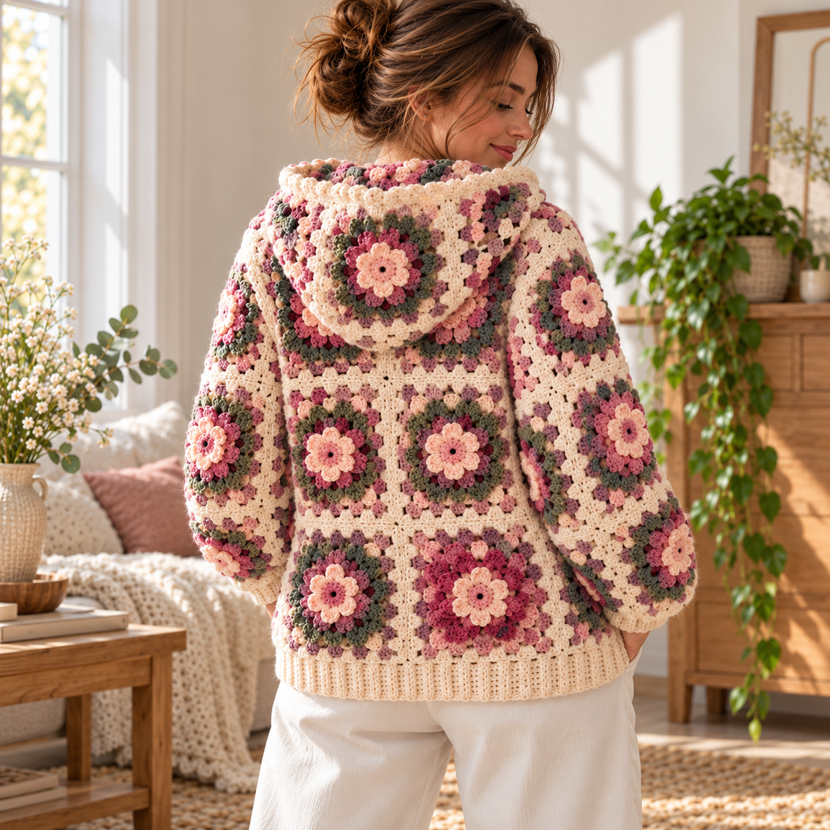 Floral Granny Square Hoodie Crochet Pattern PDF, 3D Flower Zip Up Cardigan, Adult M/L