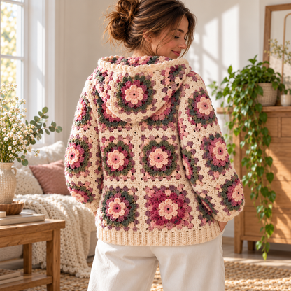 Floral Granny Square Hoodie Crochet Pattern PDF, 3D Flower Zip Up Cardigan, Adult M/L