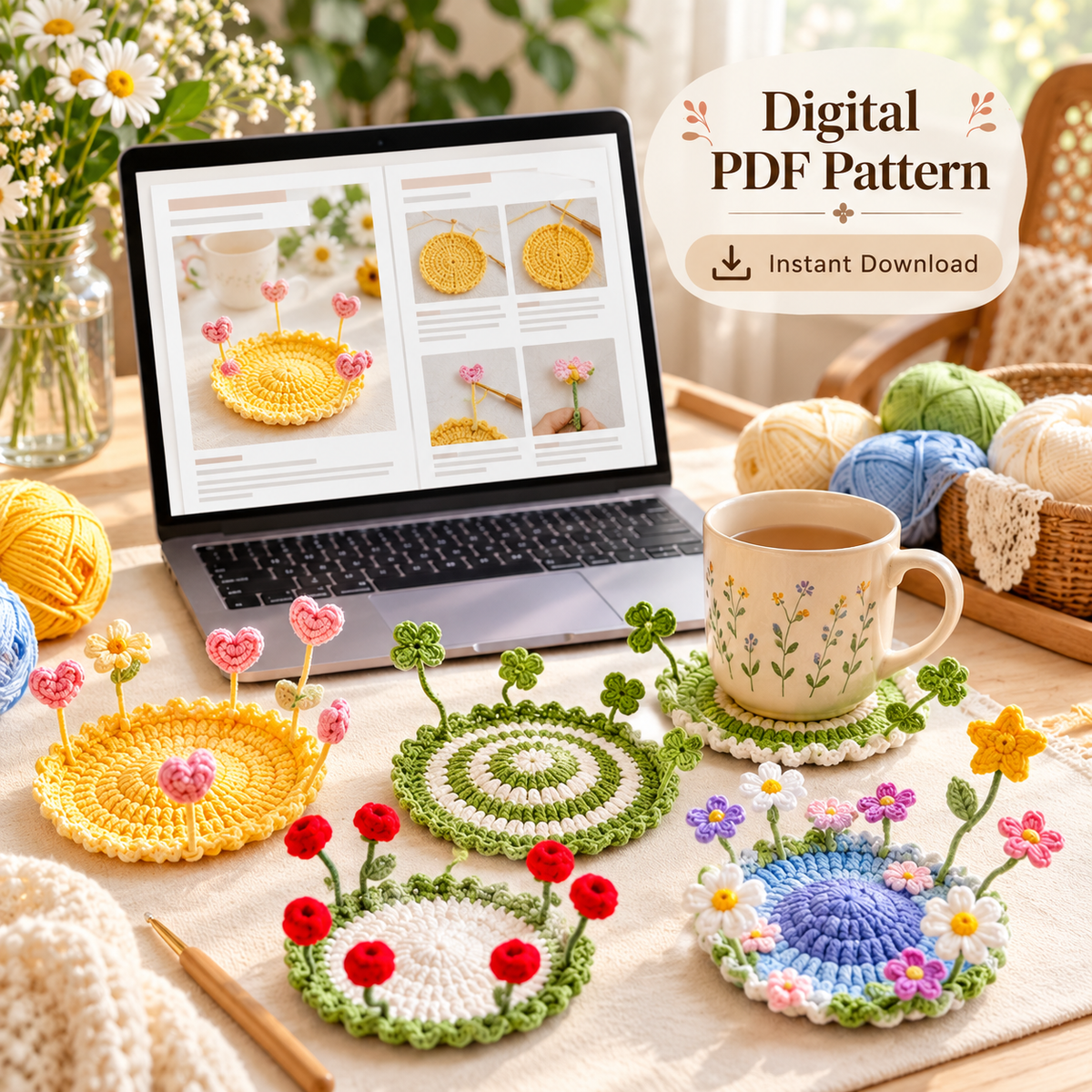 Crochet Pop Up Coaster Pattern Bundle PDF – 16 Flower, Mushroom & 3D Designs