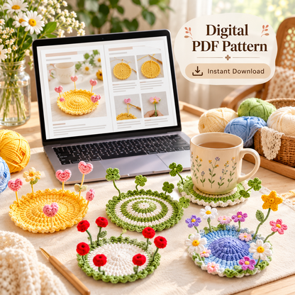 Crochet Pop Up Coaster Pattern Bundle PDF – 16 Flower, Mushroom & 3D Designs