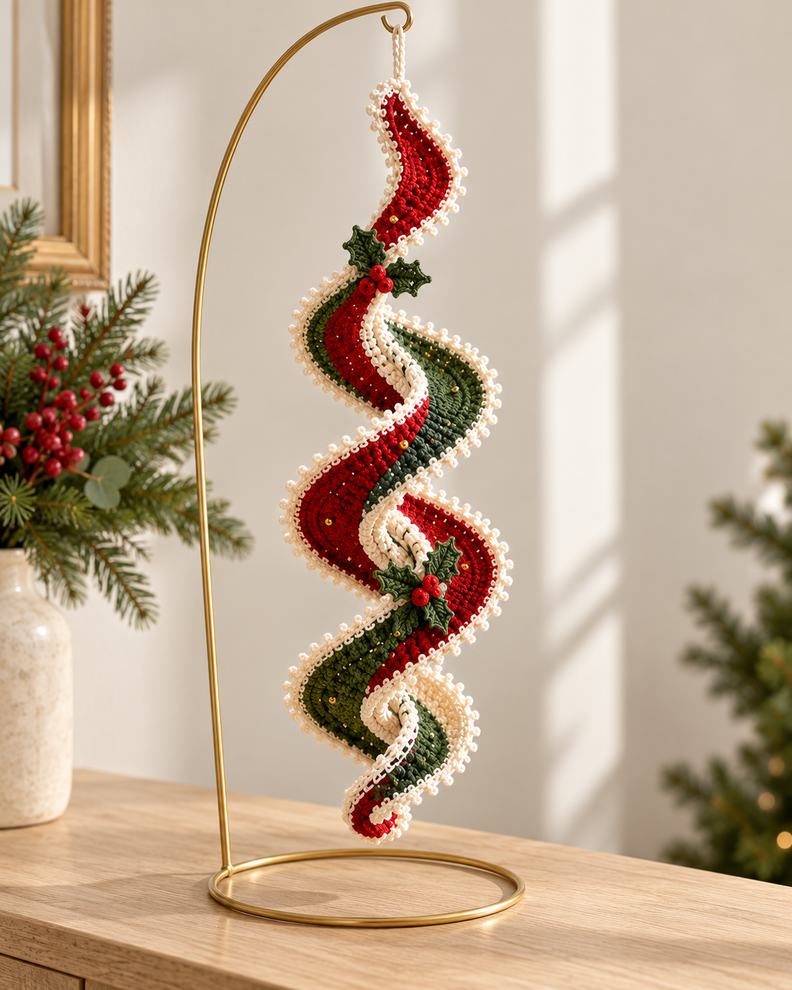 Christmas Crochet Spiral Wind Spinner Pattern PDF – Holly Ribbon Ornament