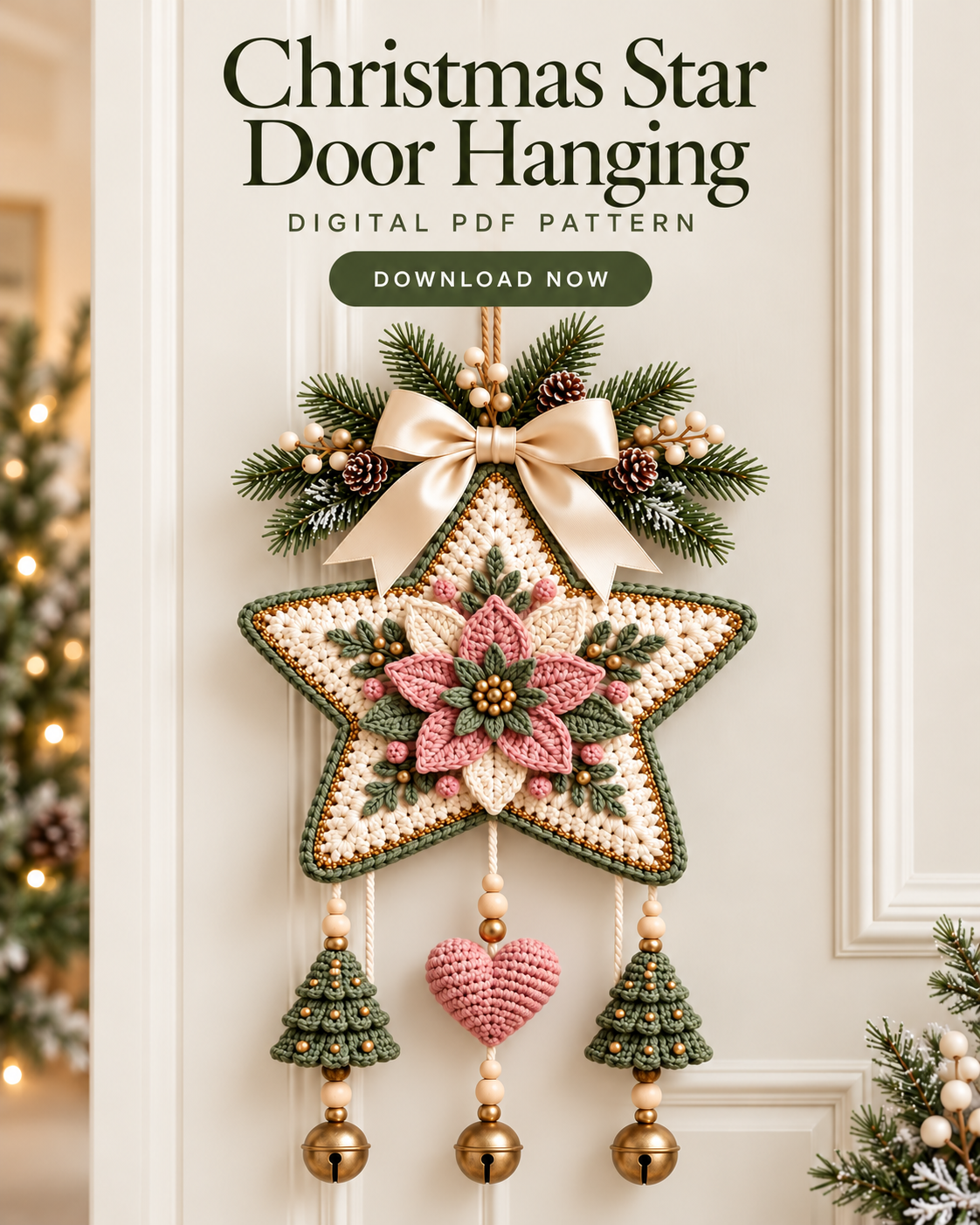 Crochet Christmas Star Door Hanging Pattern PDF – Poinsettia & Bells