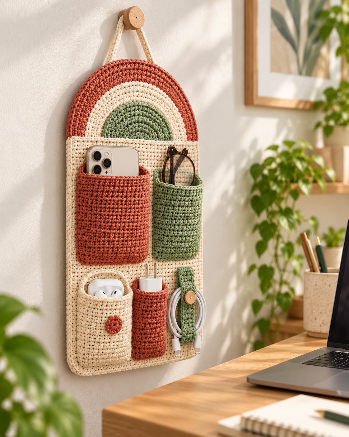 Crochet Wall Organizer Pattern PDF – 5 Pocket Bedside Storage