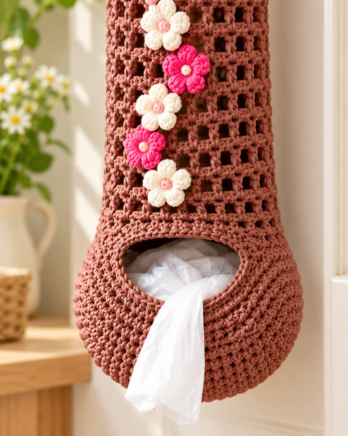 Crochet Plastic Bag Holder Pattern PDF – Floral Hanging Bag Dispenser