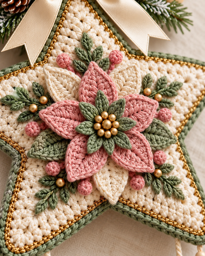 Crochet Christmas Star Door Hanging Pattern PDF – Poinsettia & Bells