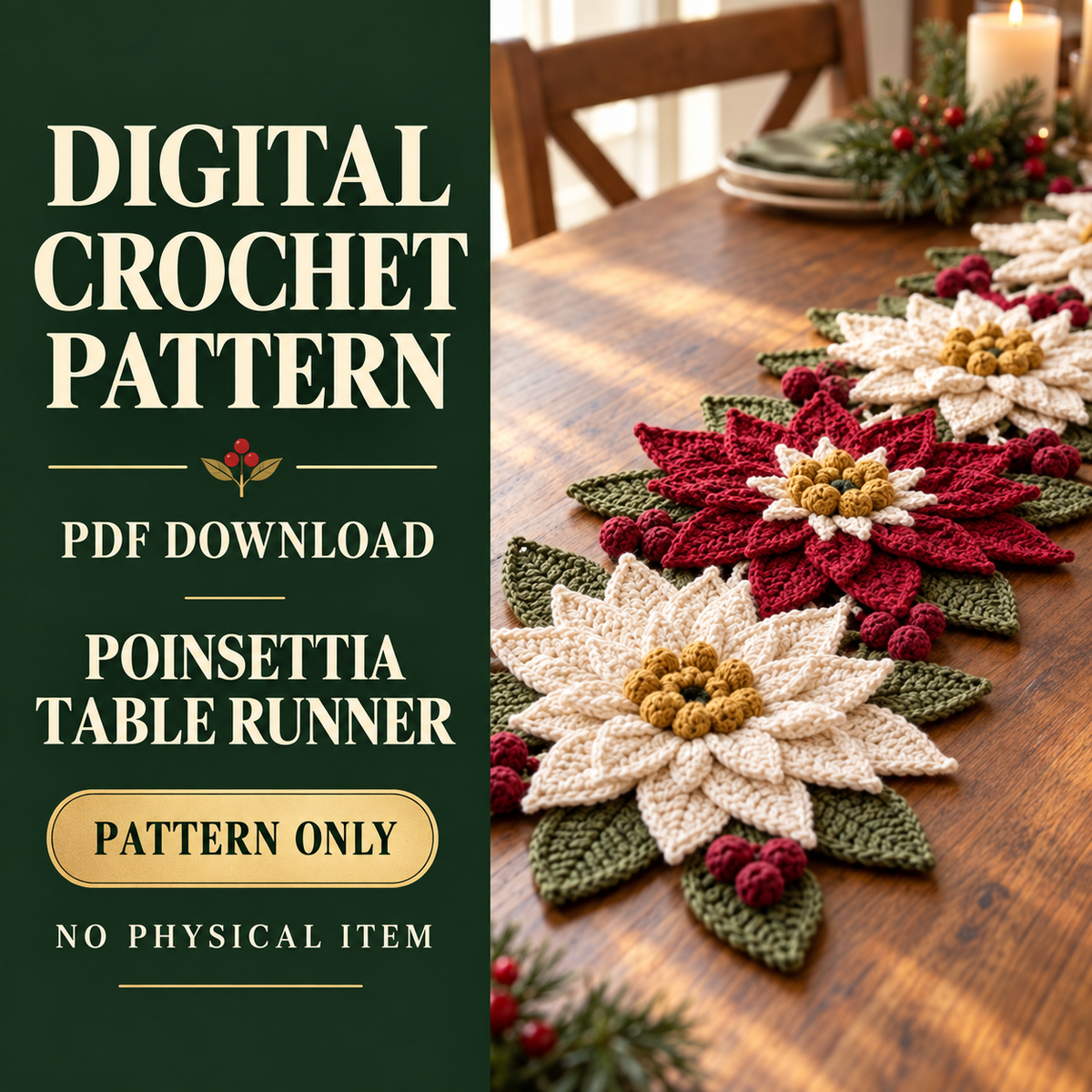 Poinsettia Table Runner Crochet Pattern – Christmas Floral Centerpiece PDF