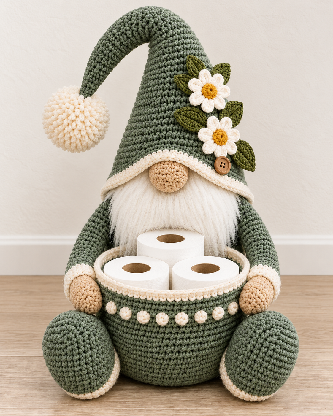 Gnome Toilet Paper Holder Crochet Pattern PDF – Bathroom Storage Basket