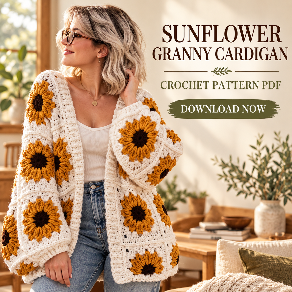 Sunflower Granny Square Crochet Cardigan Pattern PDF, Oversized Floral Sweater