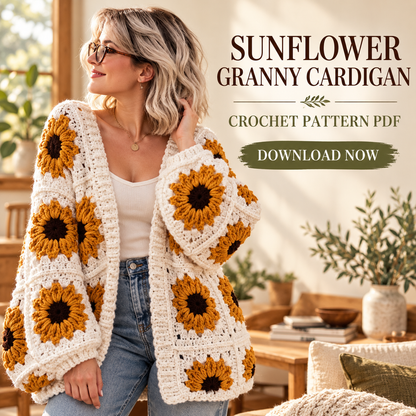 Sunflower Granny Square Crochet Cardigan Pattern PDF, Oversized Floral Sweater