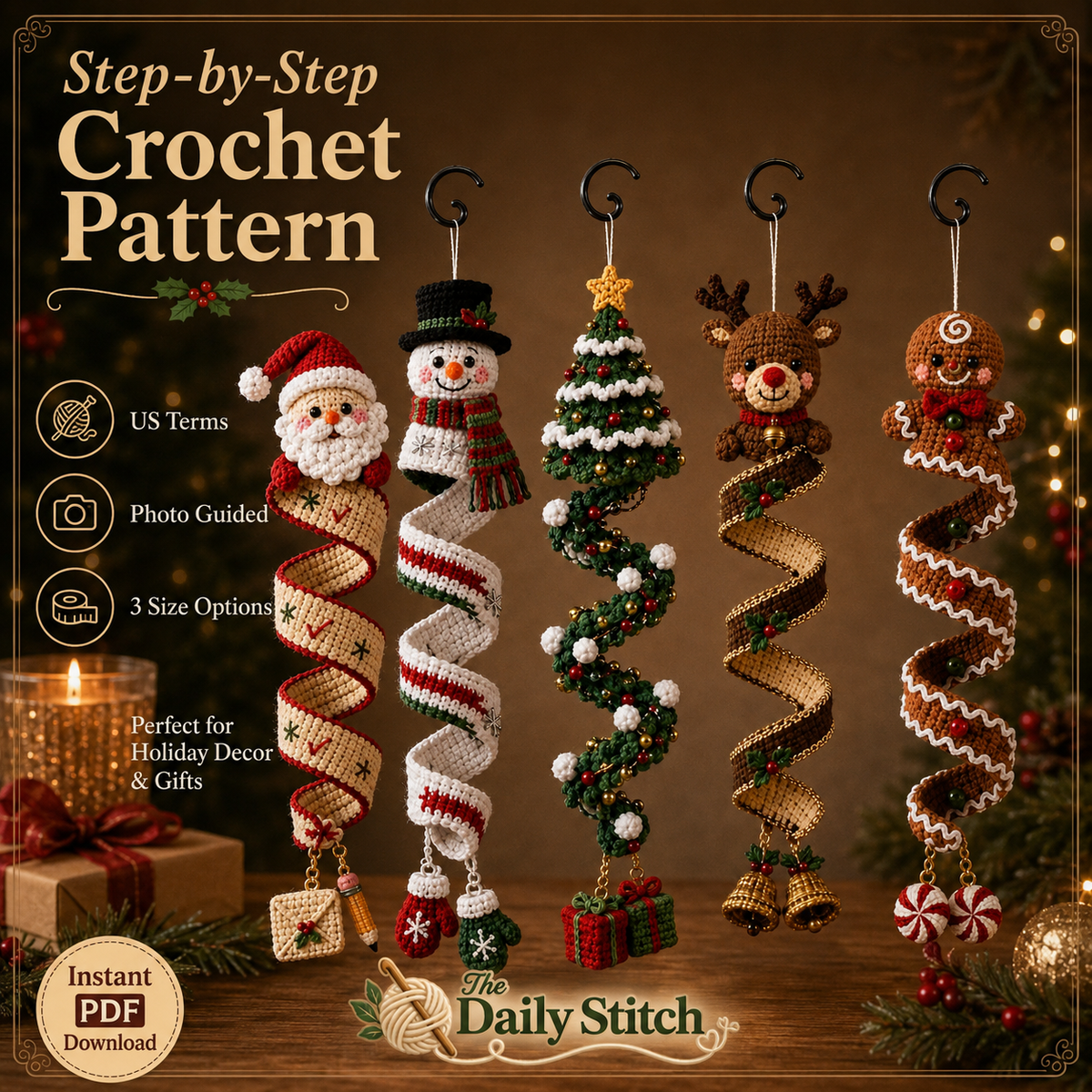 Christmas Spiral Ornament Crochet Pattern PDF | 5 in 1 Santa Snowman Reindeer Gingerbread Tree | Amigurumi Hanging Decor Digital Download