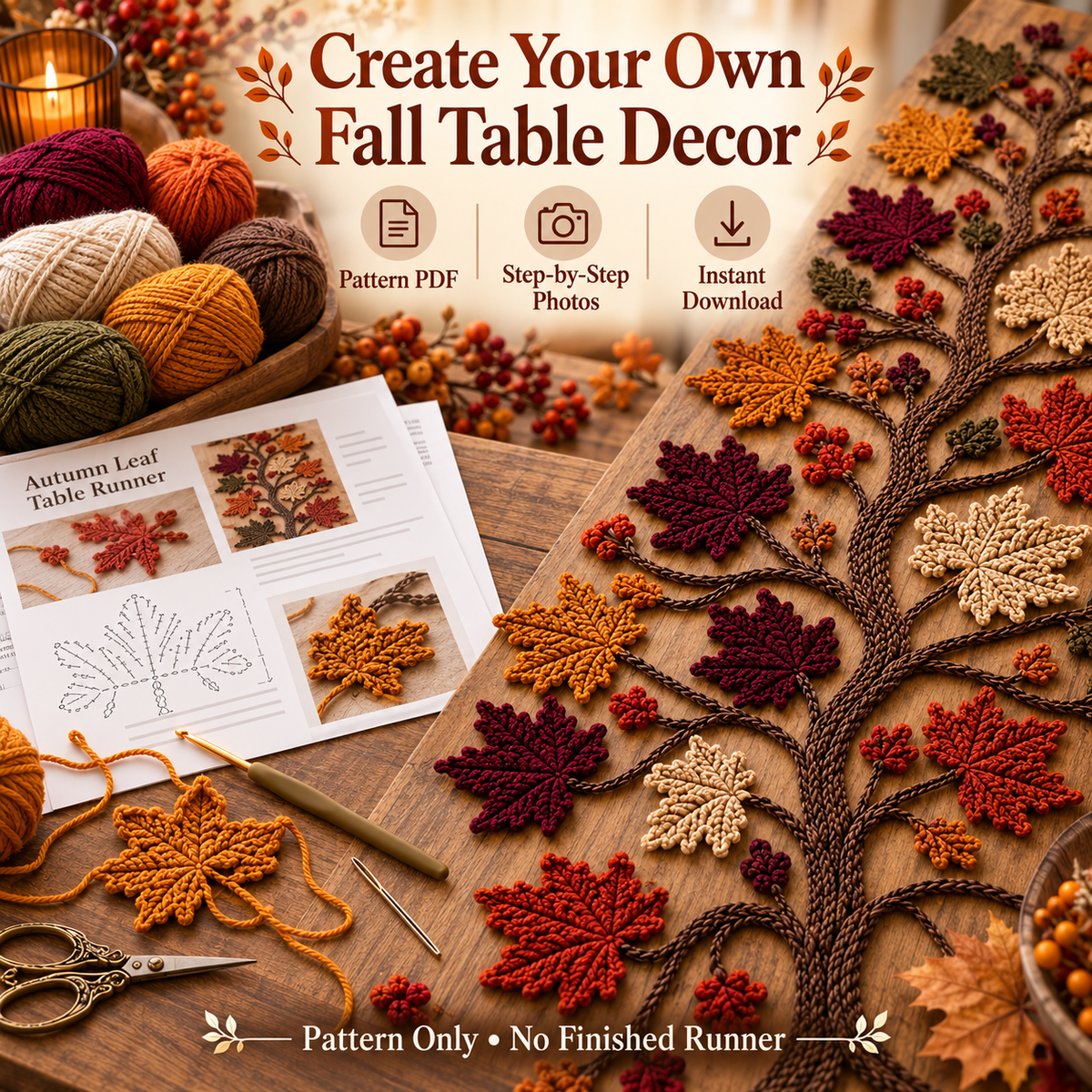Autumn Leaf Table Runner Crochet Pattern PDF – Fall Botanical Dining Decor