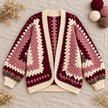 Oversized Hexi Cardigan Crochet Pattern, Granny Stitch Colour Block Sweater PDF, XS–5XL