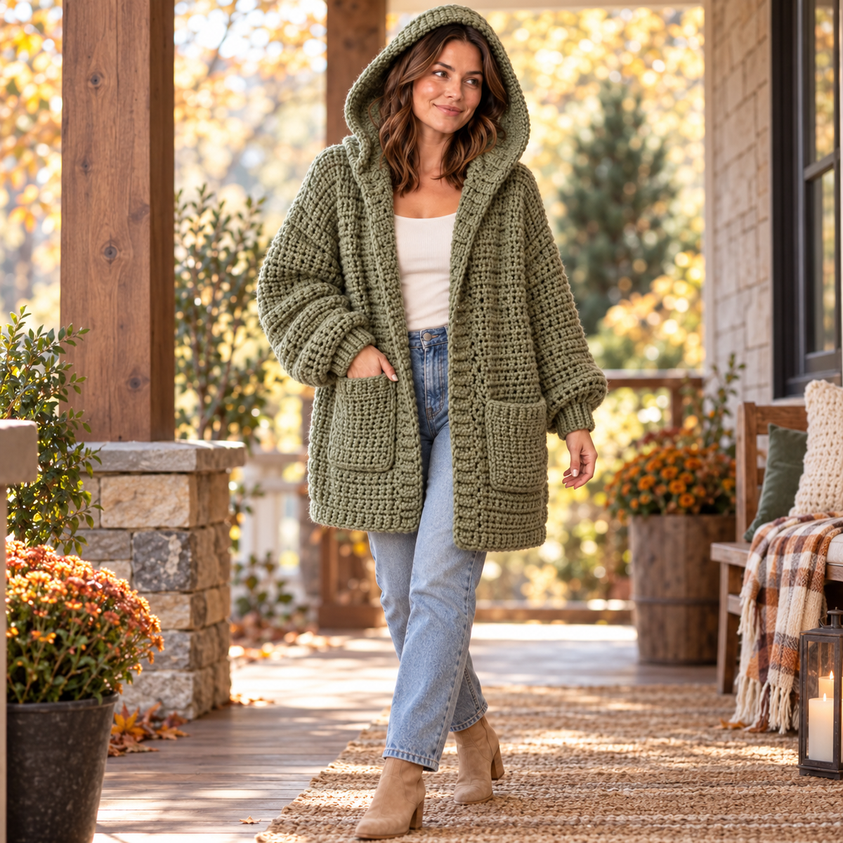Chunky Crochet Cardigan Pattern PDF, Oversized Hooded Jacket, Balloon Sleeve Sweater